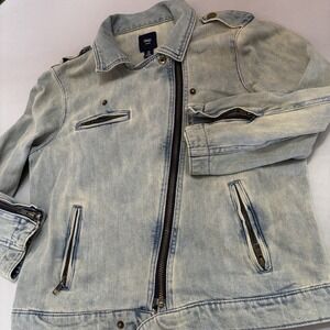 Gap Women's Denim Moto Jacket Medium Asym Zip Zipper Cuffs Light Wash